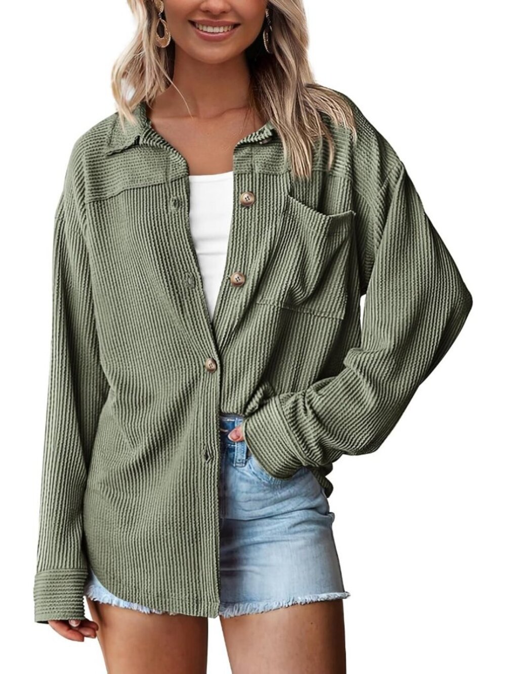 Textured Oversized Button Down Shirt for Women - Casual Chic Top, Versatile